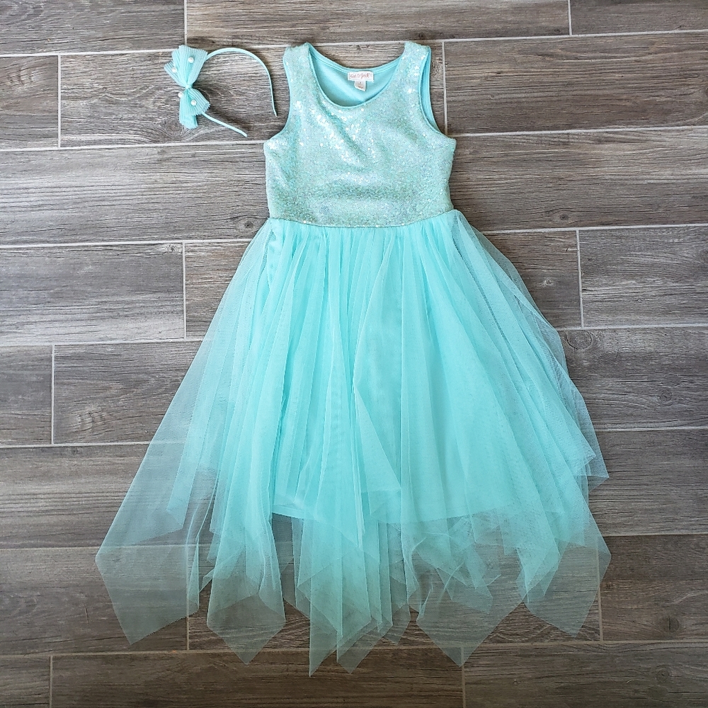 Cat & Jack teal sequin and tulle dress with headband